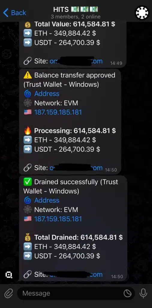 TON wallet drainer interface showing real-time transaction tracking and approvals