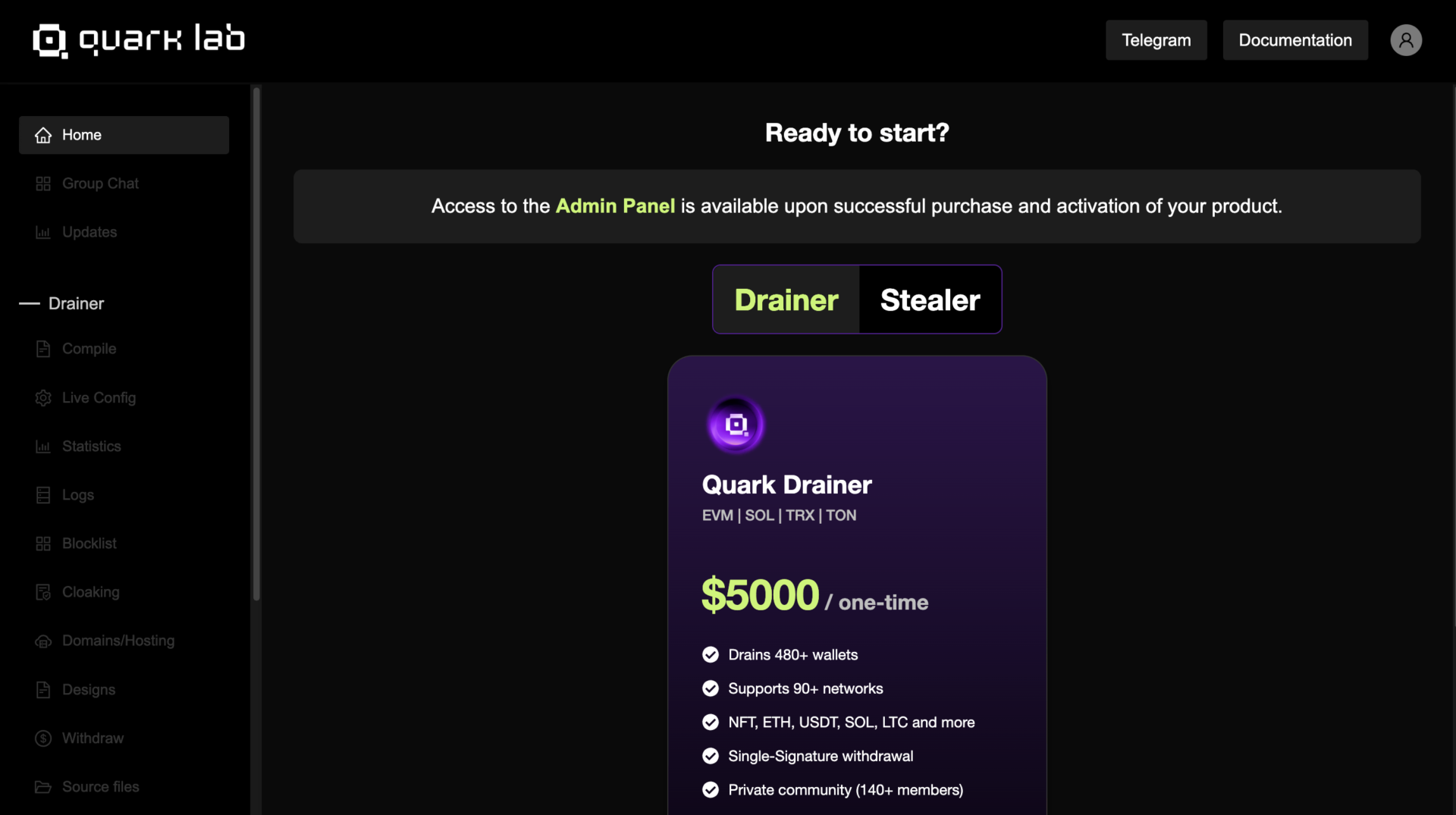 Quarklab dashboard Quark Drainer