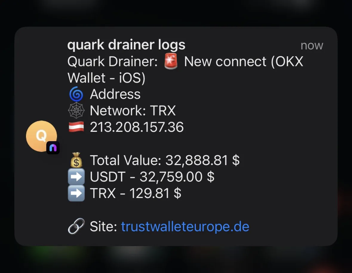 usdt drainer log notification to telegram