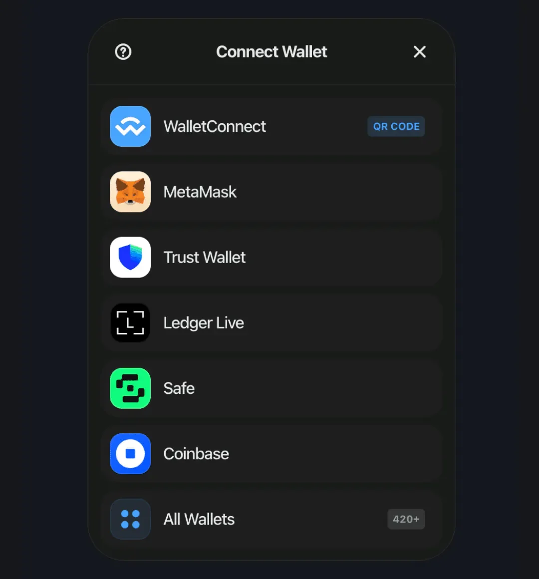 EVM wallet selection modal – connect MetaMask, Trust Wallet, Coinbase and 400+ wallets via WalletConnect
