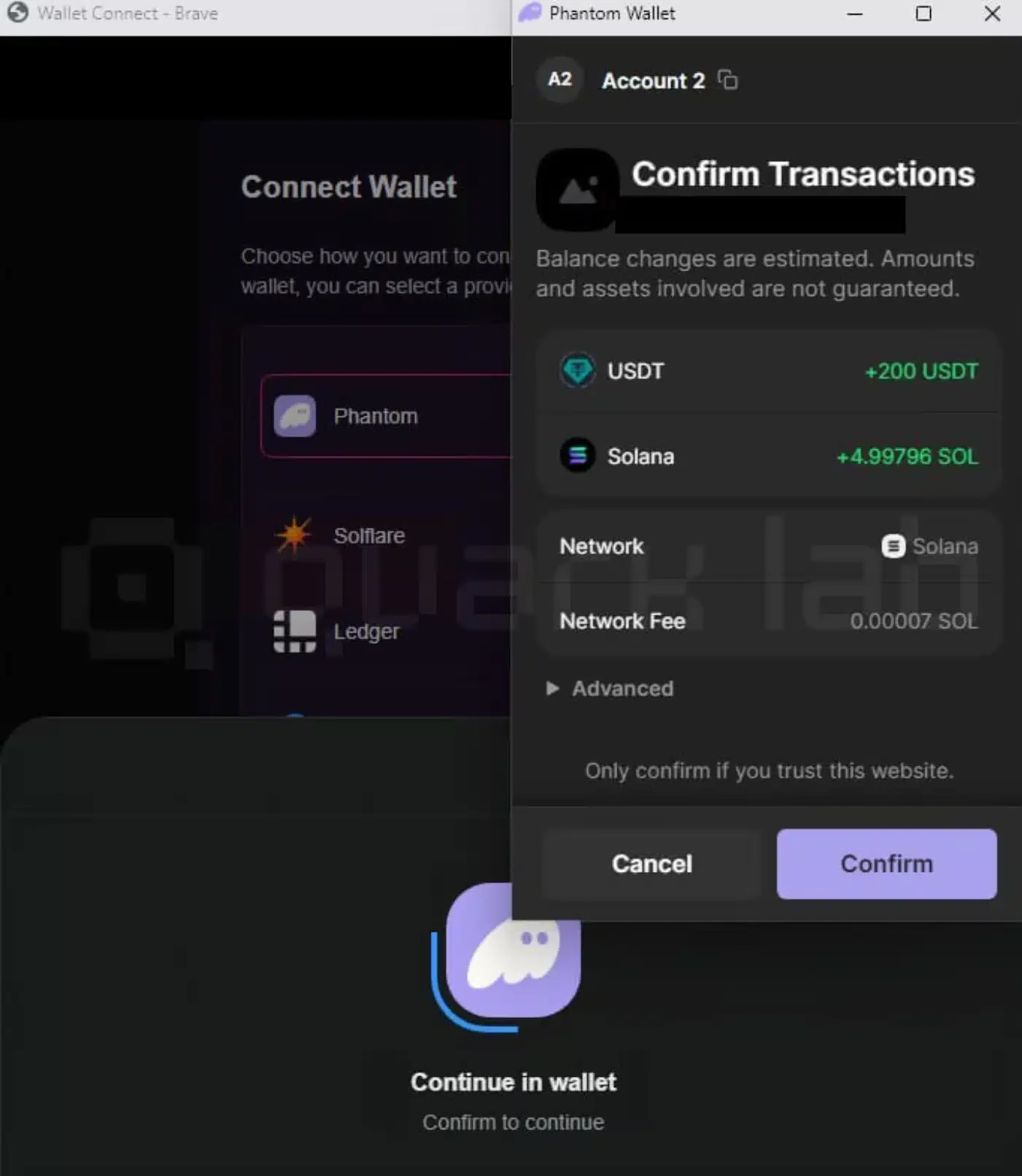 How to Drain Memecoins crypto drainer Quark drainer feature: Fake transaction on phantom wallet drainer, fake receive of 1 SOL, 500 USDT, with fake refund enabled