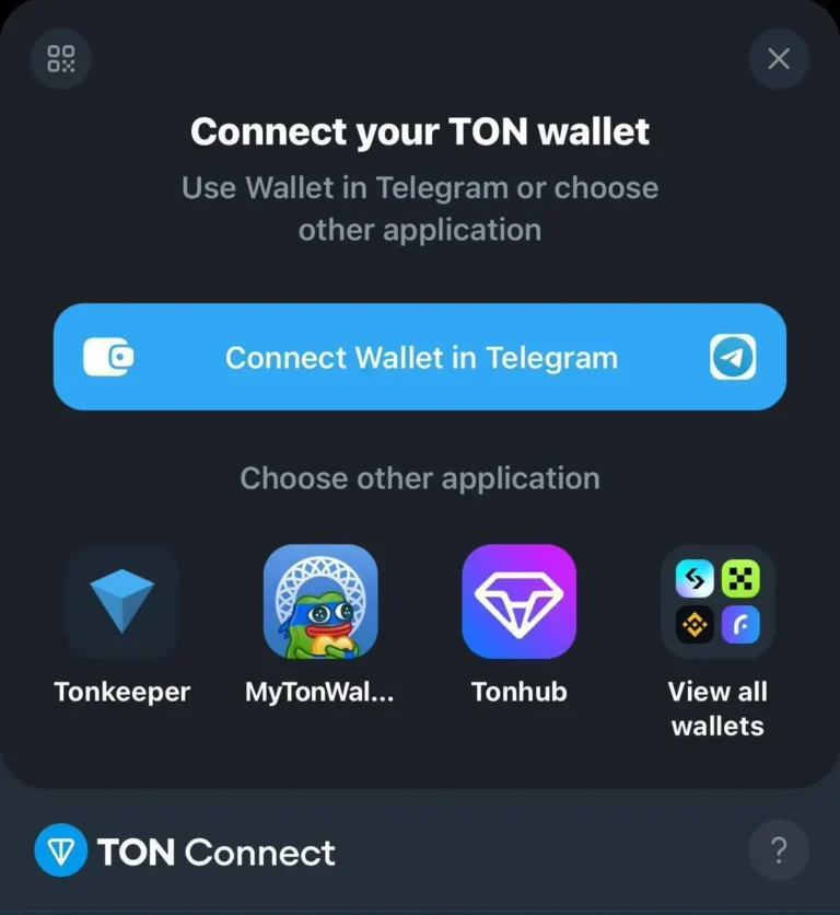 TON wallet connect modal – Telegram Wallet, Tonkeeper, MyTonWallet and OpenMask selection