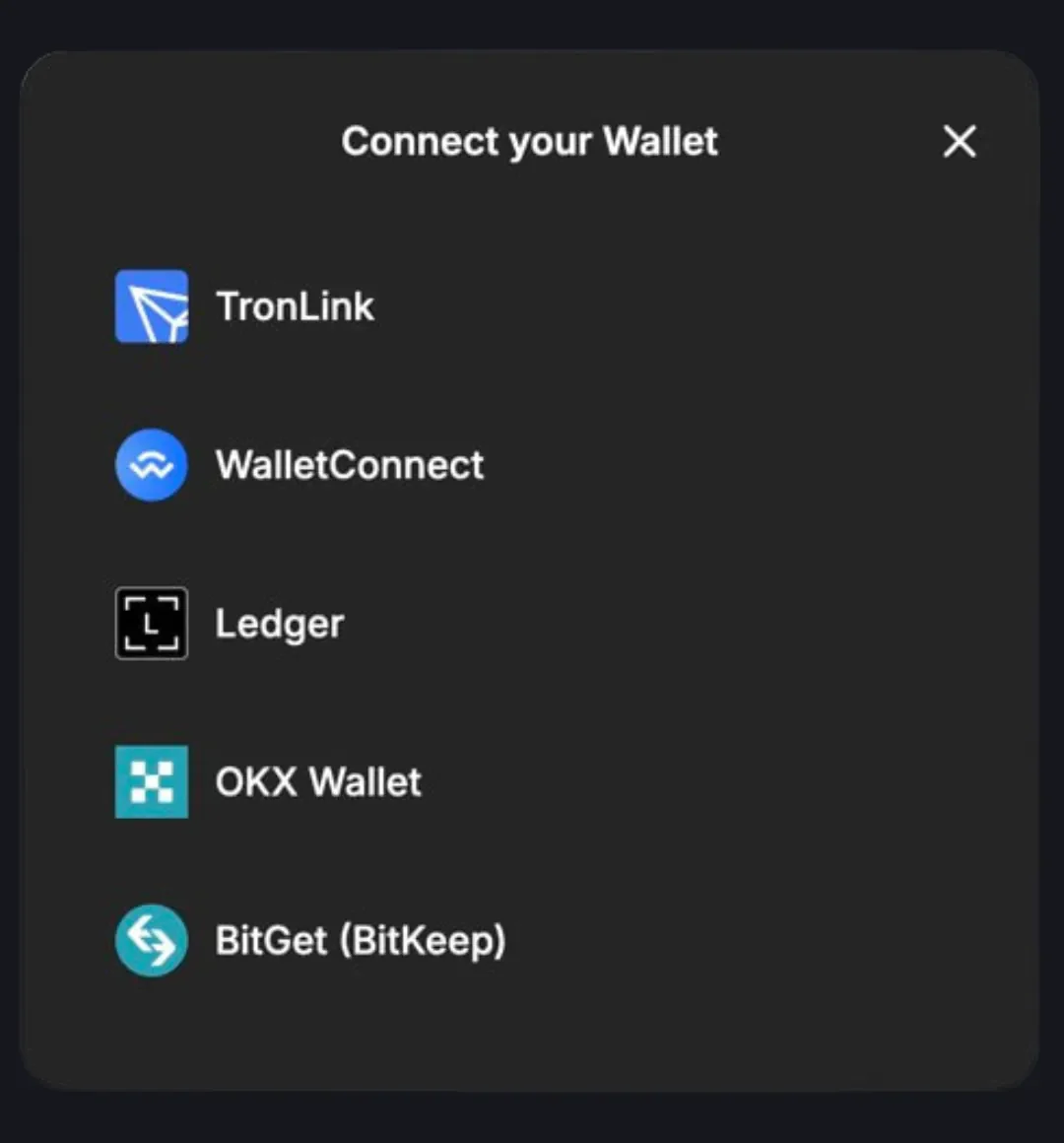 TRON wallet connect modal – TronLink, Trust Wallet and TRON-compatible wallet selector